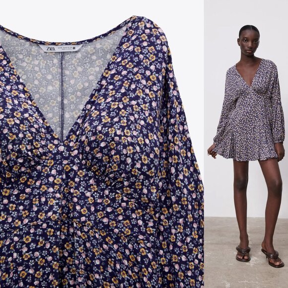 NEW Zara Floral V Neck Printed Purple Mini Dress S - Picture 11 of 11